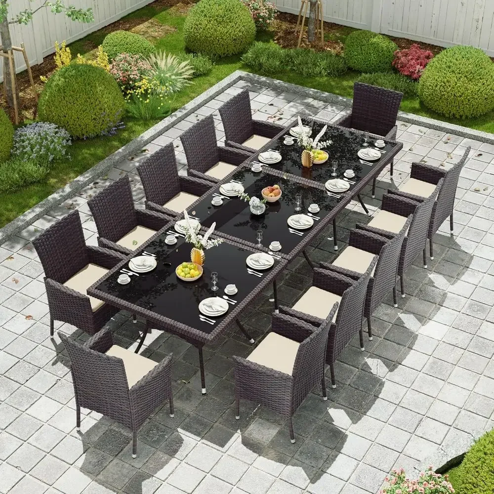 Outdoor Furniture Lounge Set - 15 Parçalı Rattan Mobilyalı, Kare Cam