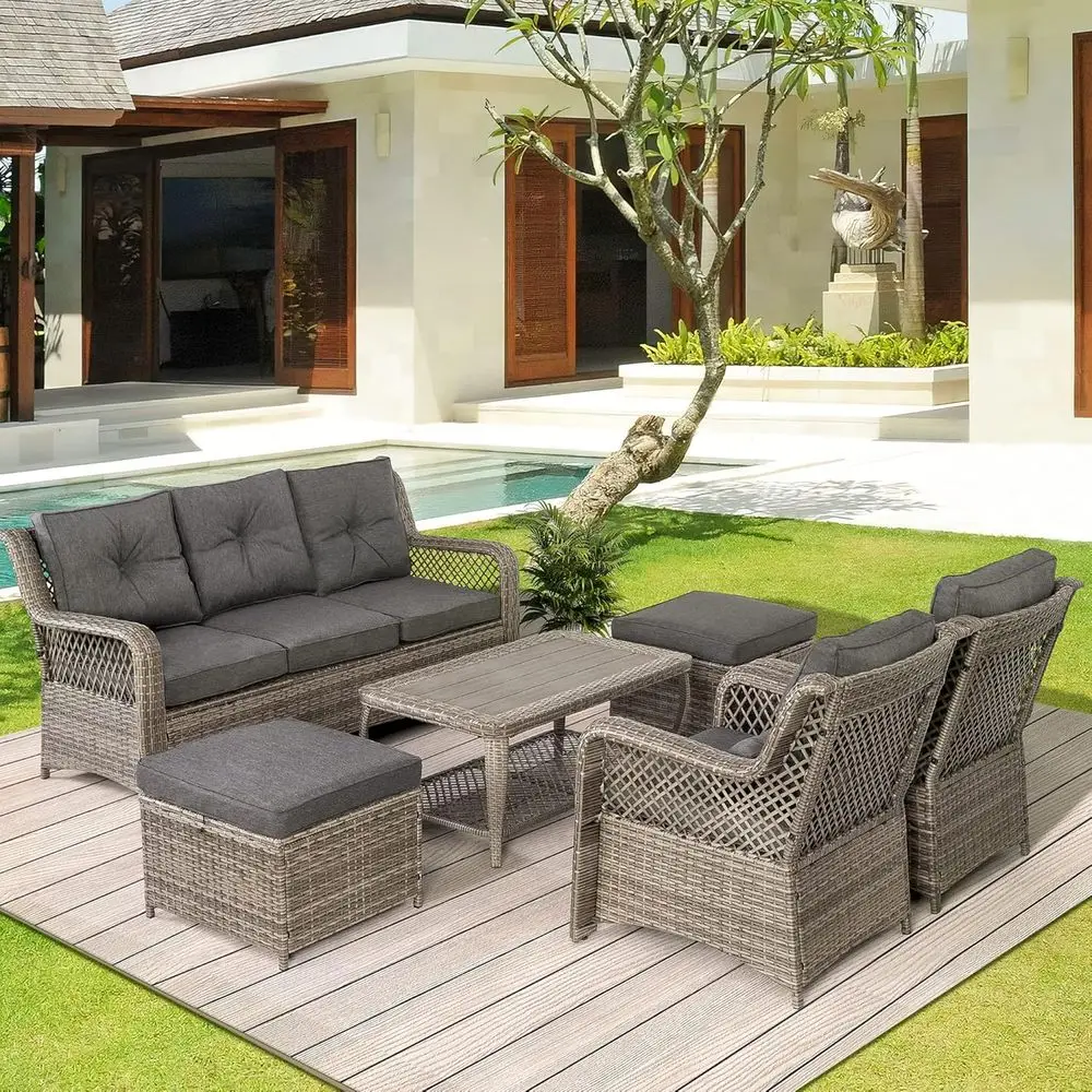 Outdoor Furniture Lounge Set - 6 Parçalı Gri Açık Hava Hasır